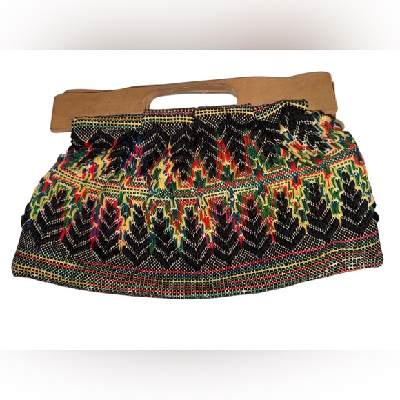 Handbags - 70s Vintage Tapestry Clutch Wood Handle Embroidered ZigZag Boho Hippie Bag